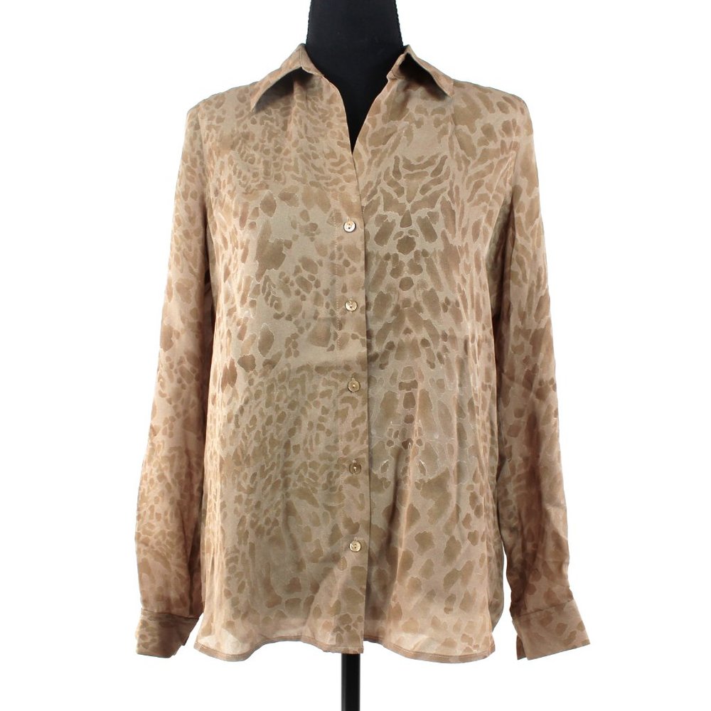 L'AGENCE Silk Taupe Brown Animal Print Semi-Sheer Collared Blouse NEW XS